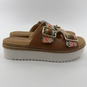 Clarks Collection Womens Tan Fabric Buckle Espadrille‎ Platform Sandals Size 9